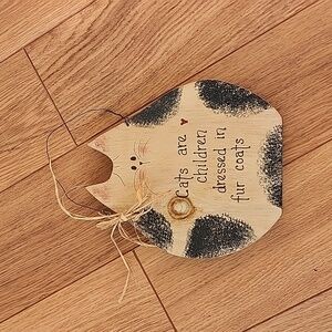 Wooden hanging cat sign - cats are children dressed in fur coats
